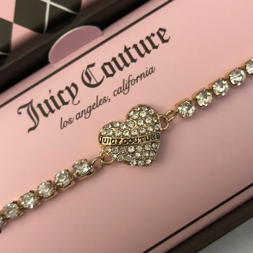 Juicy Couture Gold Tone Clear Crystal Tennis Bracelet Fixed Heart Charm NIB